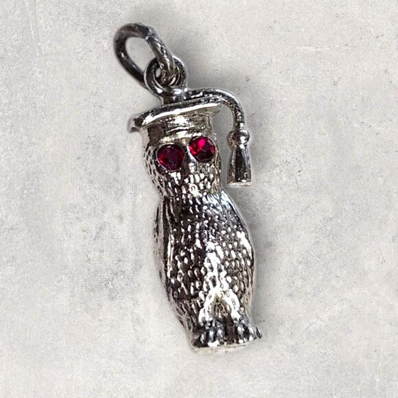 Vintage Sterling Silver Graduation Charms Set Owl w/ Red Eyes + Diploma Scroll - Picture 2 of 10
